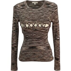 Guess Womens Mara Rainbow Metallic Brown Space Dye Lace Up Cutout Sweater Small